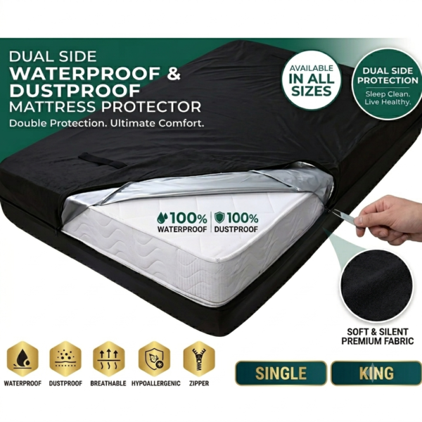 Dual Side 100% Waterproof Zip Enclosed Mattress Cover | Bed Bug Proof - Choose Size - 100% All Sides Waterproof Mattress Protector | All Sizes Available - 6 Sided Waterproof Safety